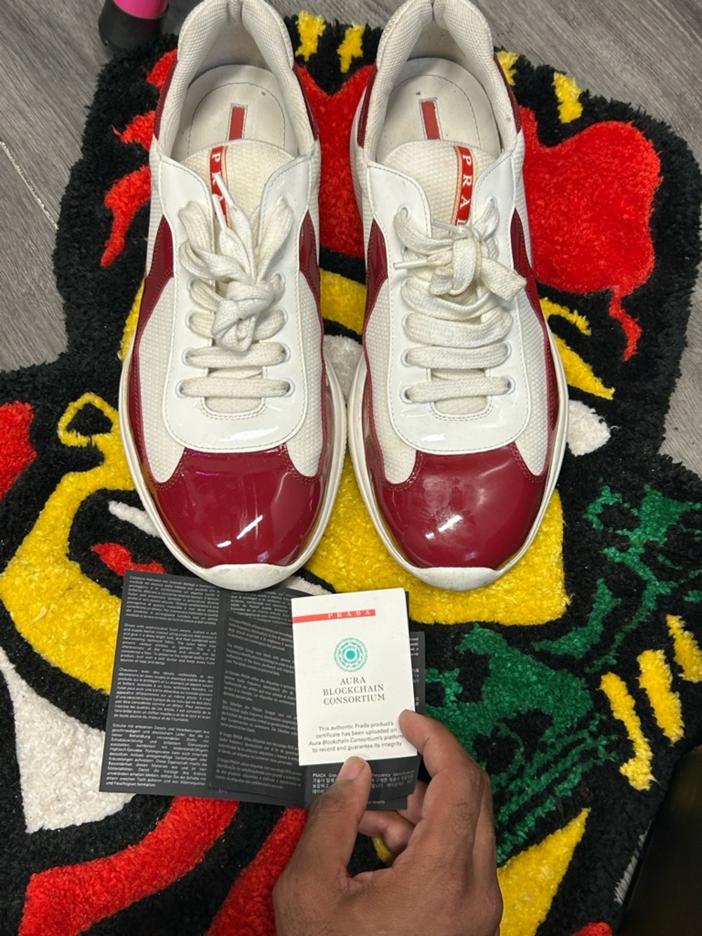 Prada Men’s White and Red Low-Top Sneakers with Patent Accents - Picture 3 of 7